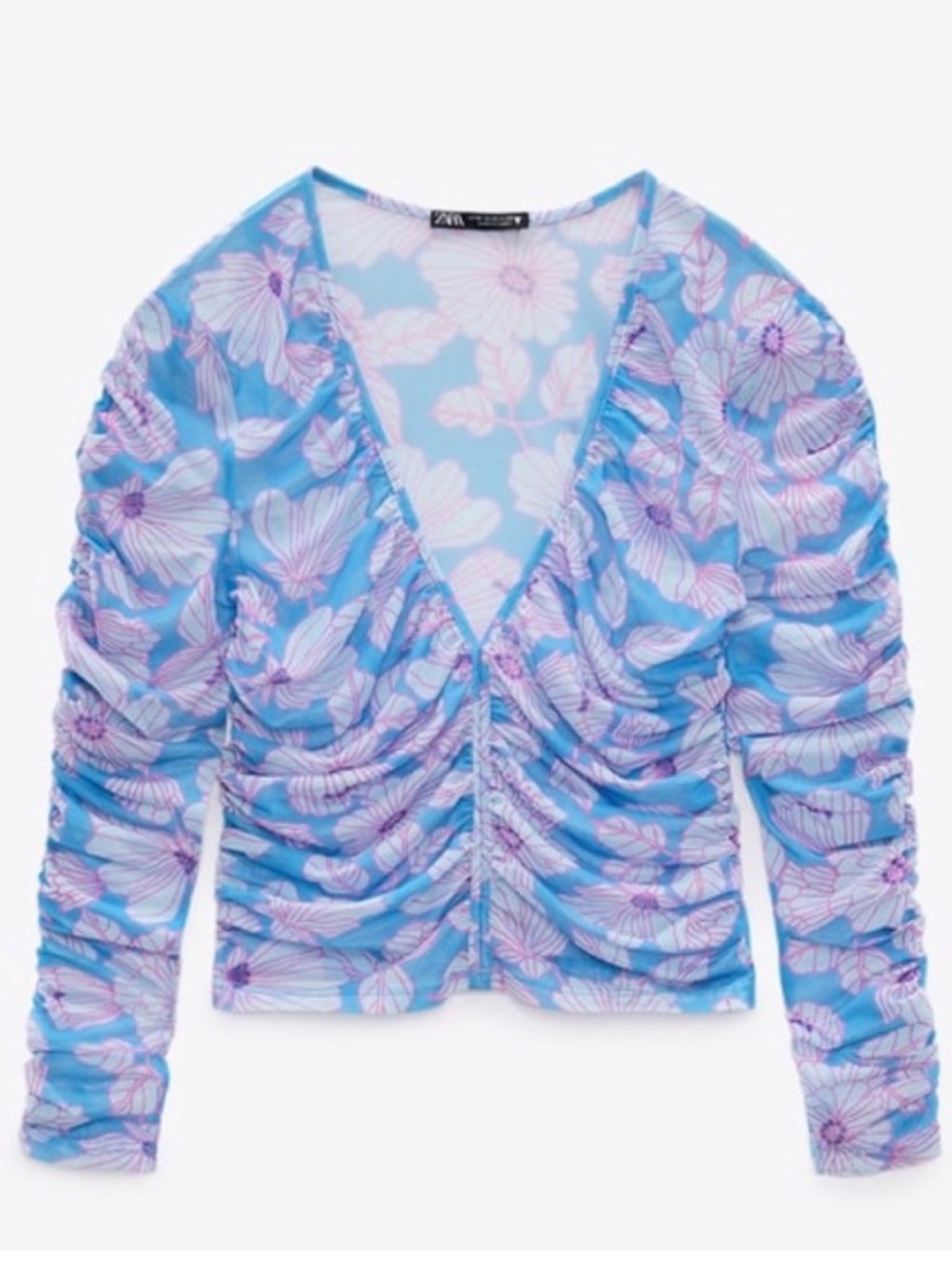 Zara Light Blue Lavender Floral Ruched V-Neck Long Sleeve Top